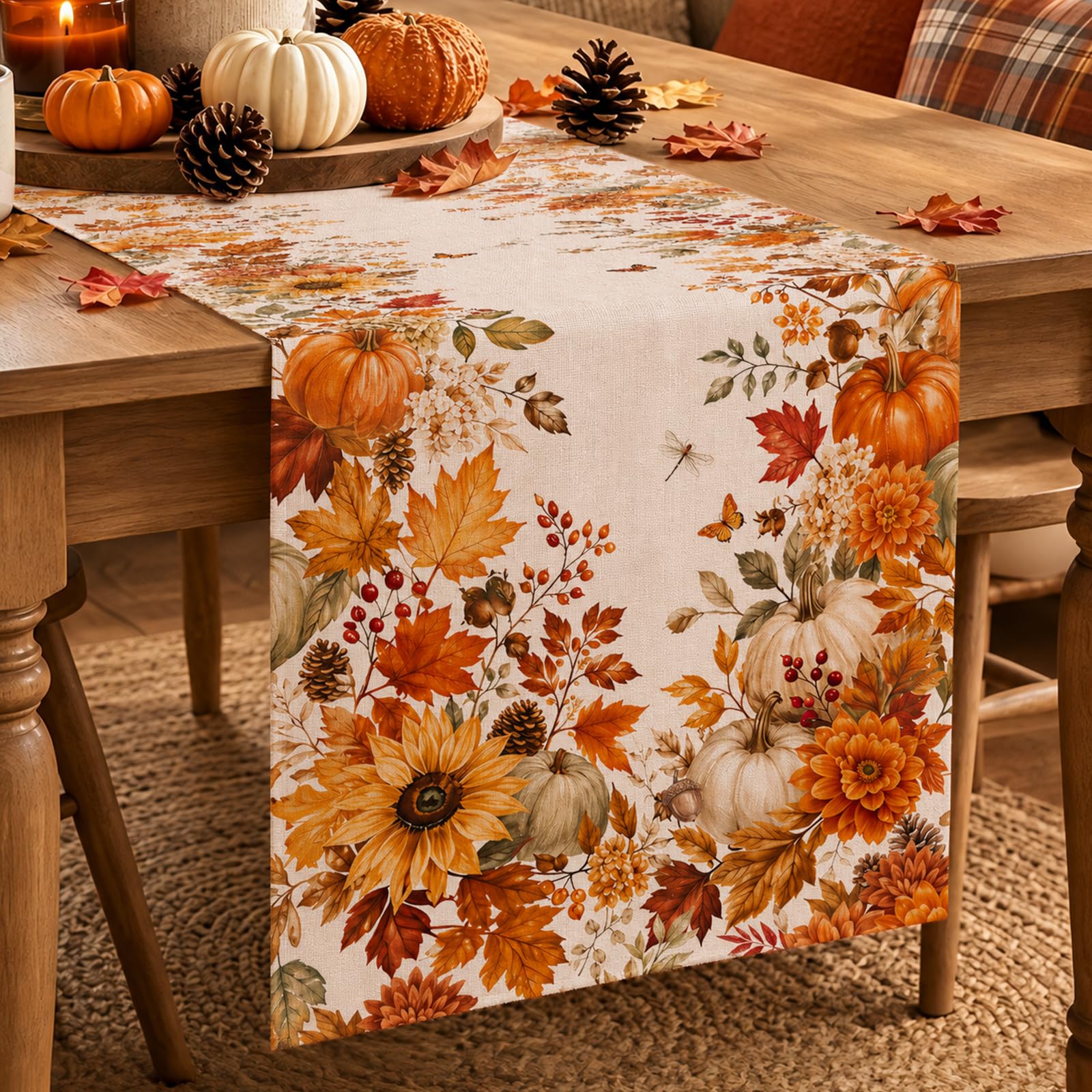 Linen Table Runner - Sonbahar Ayçiçeği Balkabağı Akçaağaç Yaprağı Masa